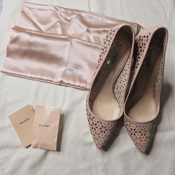 Prada Womens Vernice Cipria Blush Nude Pink Laser Cut Floral High Heels 38.5 - Picture 11 of 15